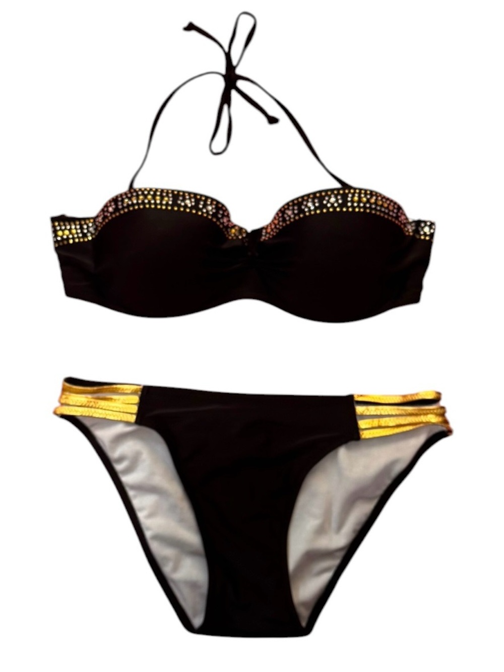 Black Gold Rhinestone Bandeau Bikini Set Strappy Sides Size Large - Picture 2 of 5